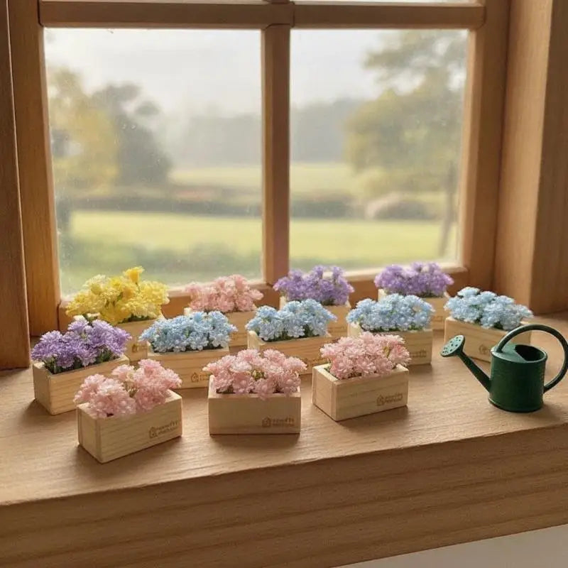 miniature plante artificielle pot bois fleur violet rose jaune bleu