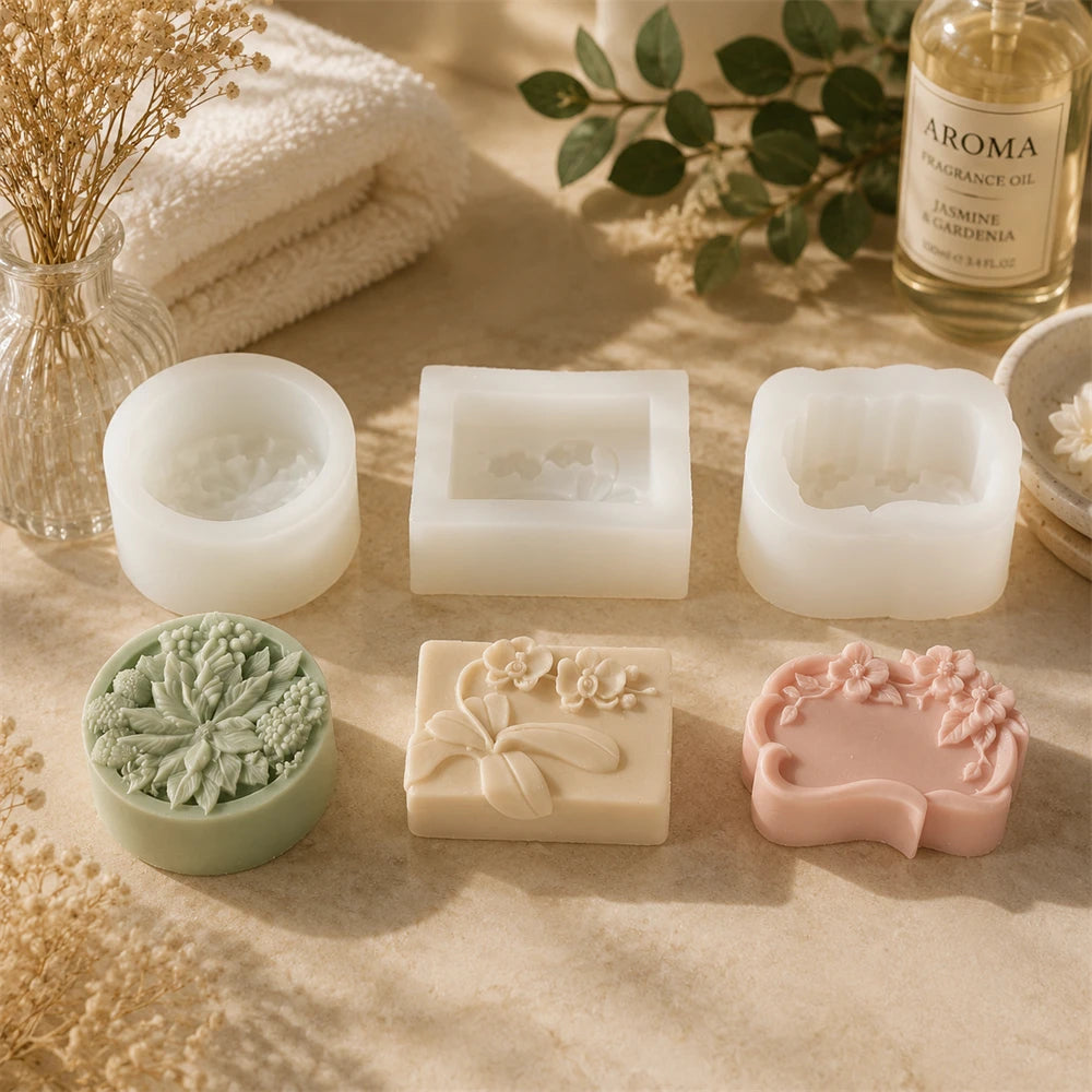 moules savon silicone floral blanc vert rose décoration artisanale diy trois pièces
