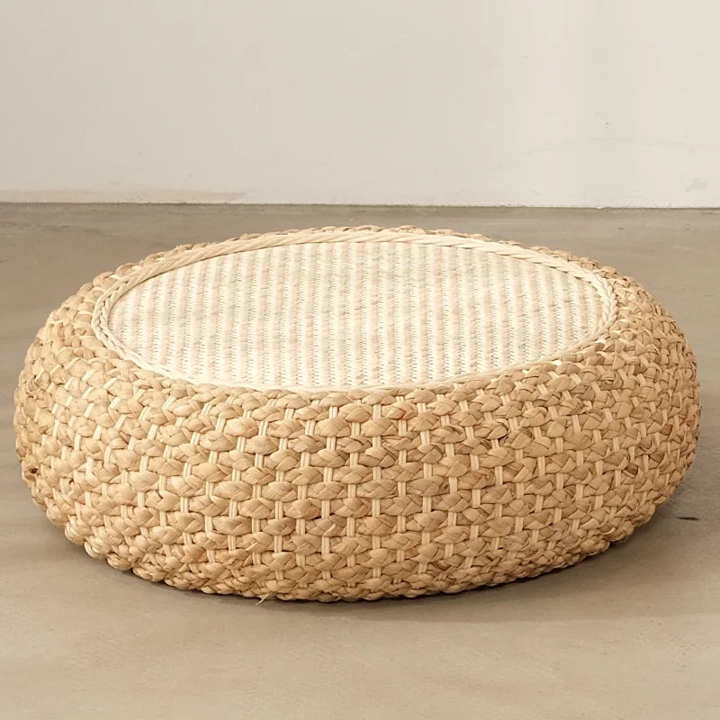 coussin sol rond tissé main paille mousse pu anti décubitus opaque rustique beige brunclair