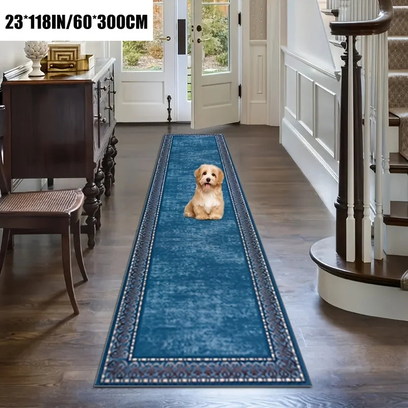 tapis bleu marine velouté motif géométrique salon couloir cuisine résistant intérieur classique vintage
