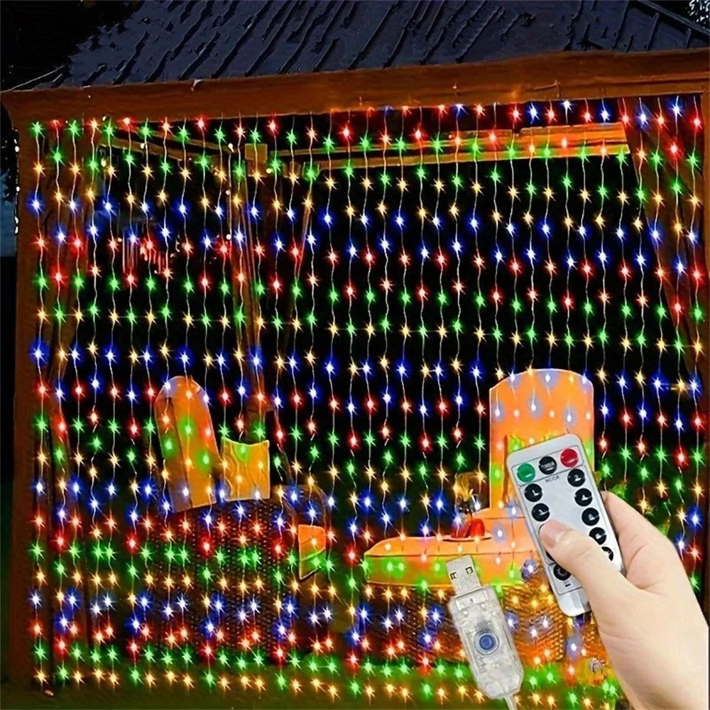 rideau lumineux led blanc moderne 300 leds 3x3m télécommande câble usb