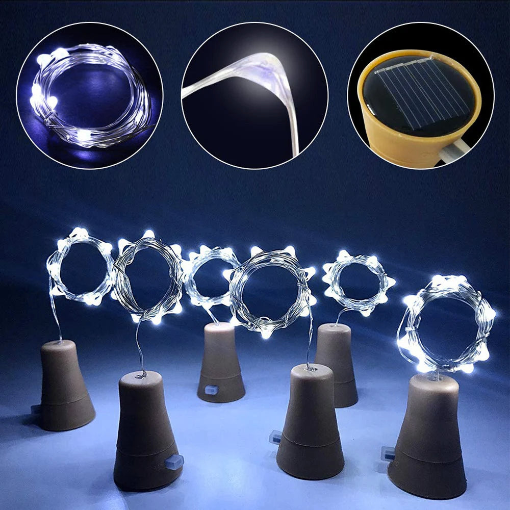 guirlande lumineuse solaire 20 led blanc doré moderne adhésif 2m câble 10 capuchons bouteille