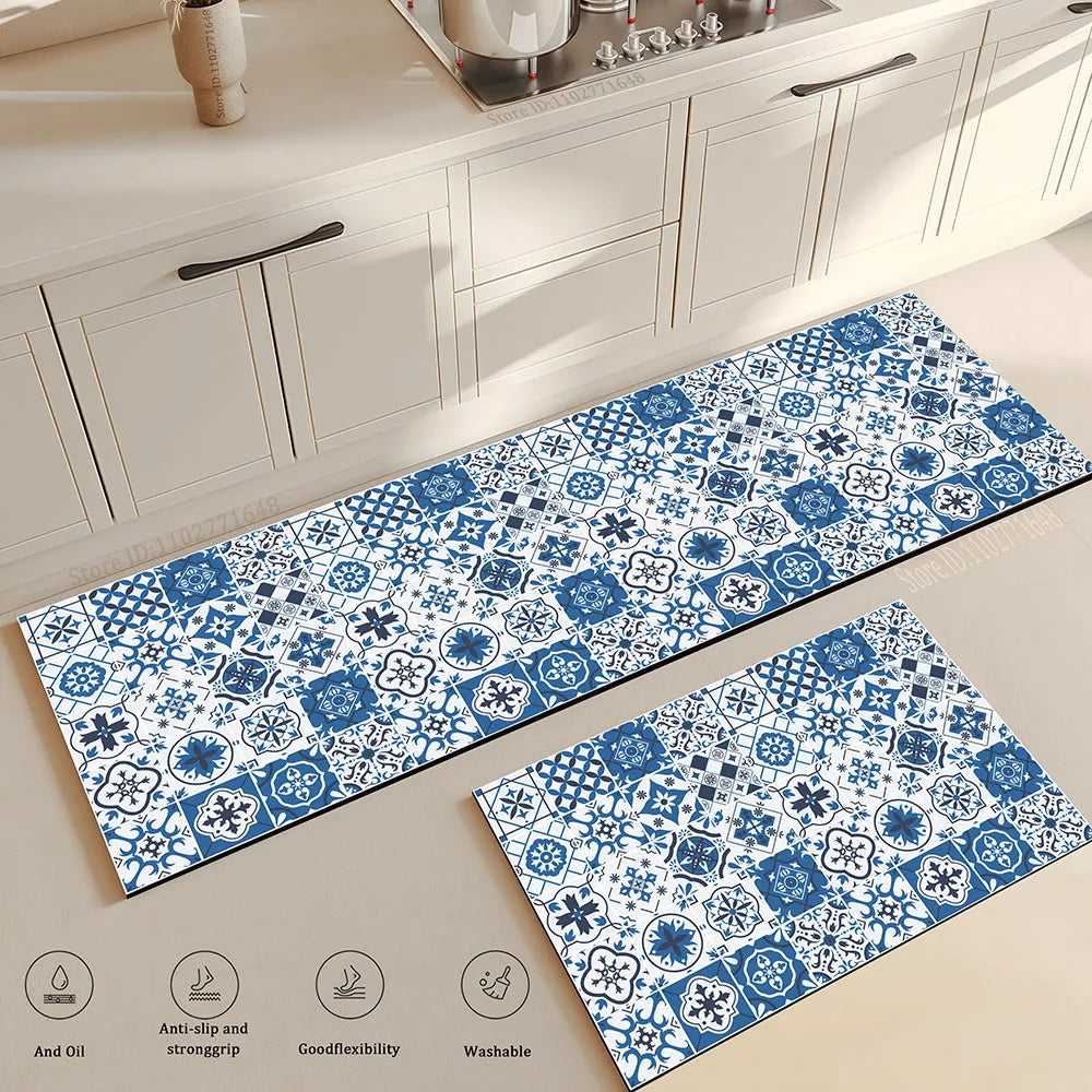 tapis sol antidérapant moderne patchwork bleu blanc beige orange 40x60cm 50x80cm