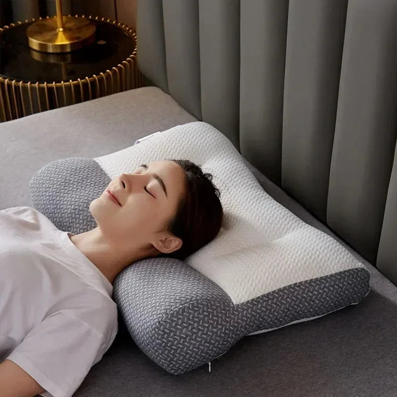oreiller cervical ergonomique gris blanc texture tissée moderne contour arrondi fixations