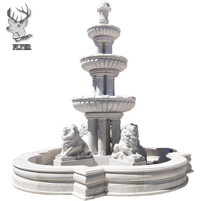 fontaine blanche sculptée motifs floraux animaux classique jardin extérieur ornements décorationextérieur sophistication designunique pierrequalitésupérieure