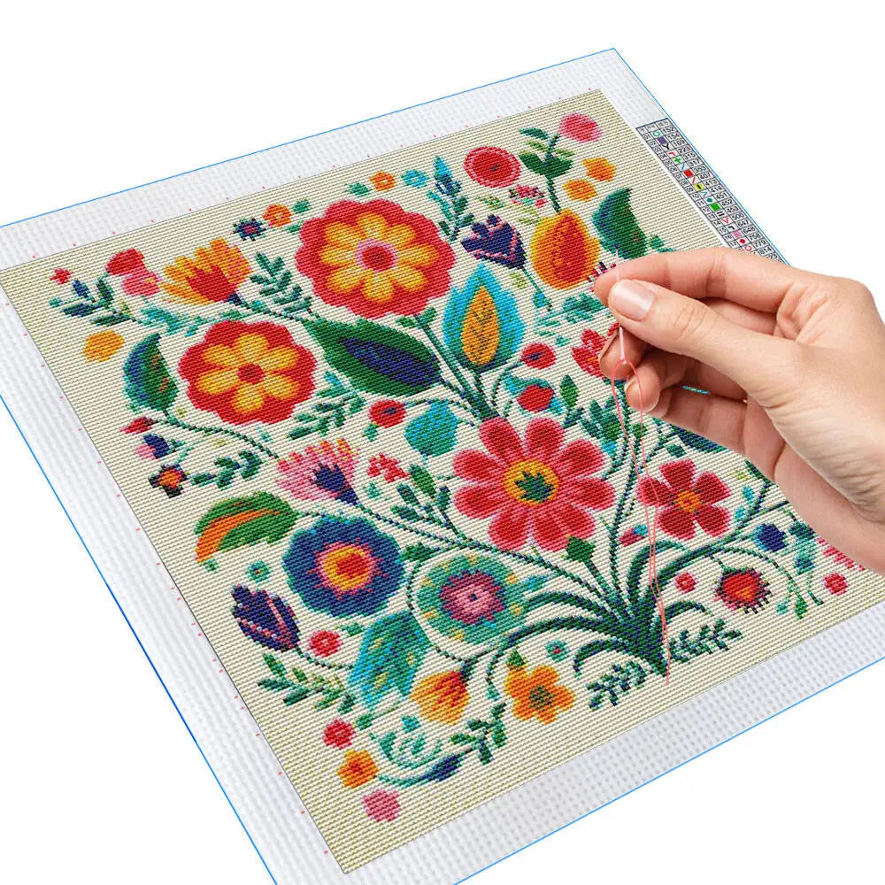 kit broderie point croix motifs floraux colorés toile imprimée aiguilles fils schéma guide technique