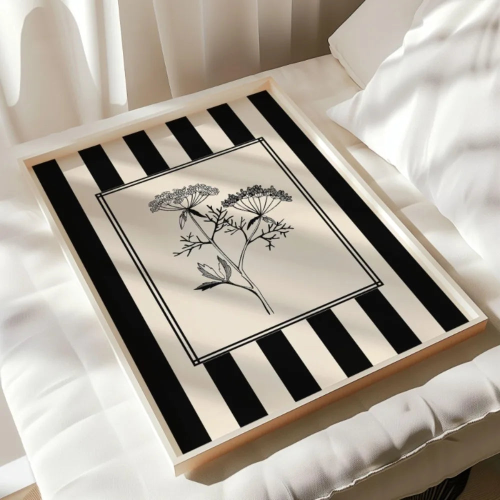 affiche moderne oiseau plante rayures noires blancs minimaliste mural cadre illustration abstraite
