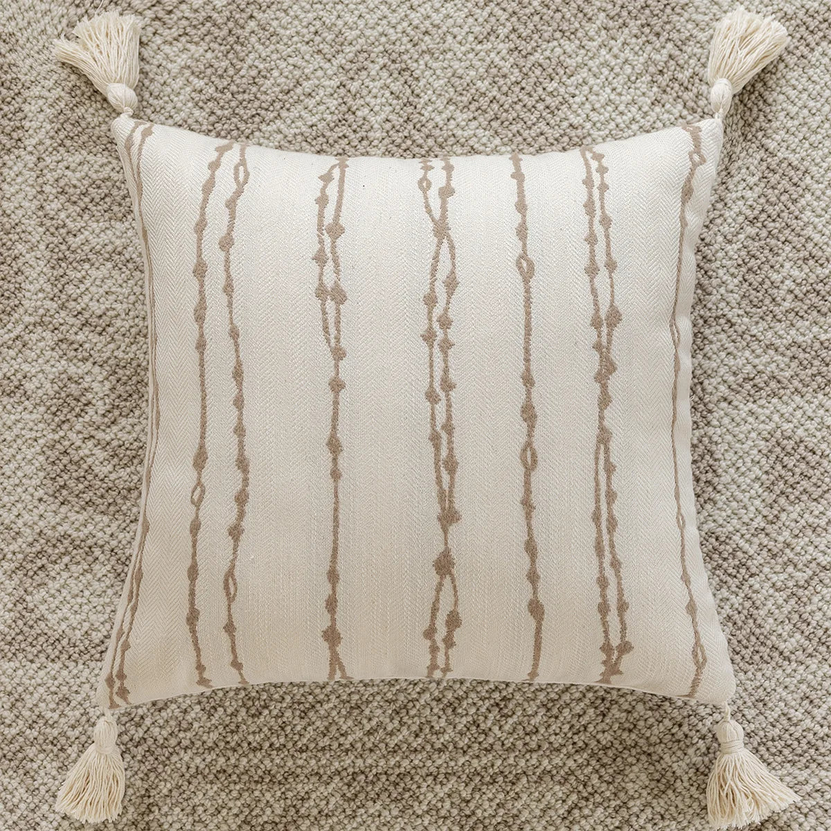 housse coussin rectangle 35x90cm boho chic motif rayures beige tassel opacité