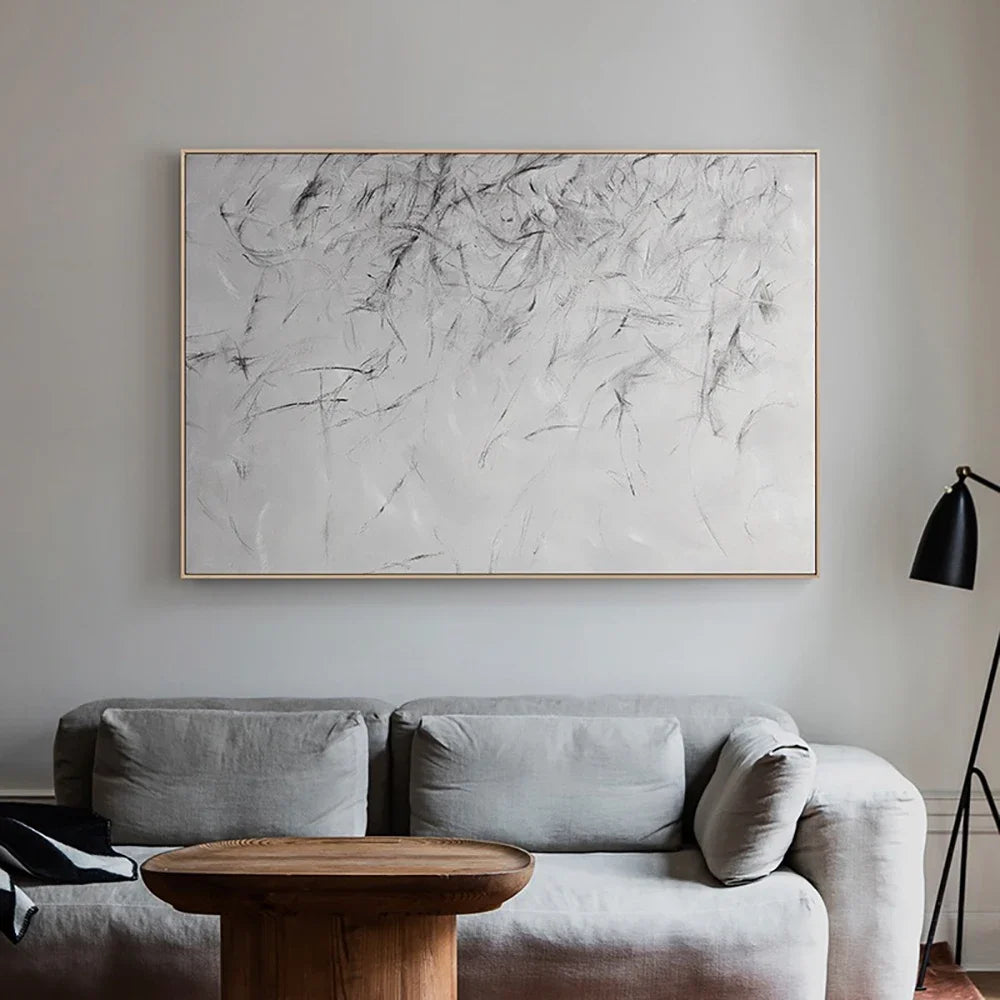 tableau abstrait moderne peinture toile blanche gris noir lignes horizontales sans cadre