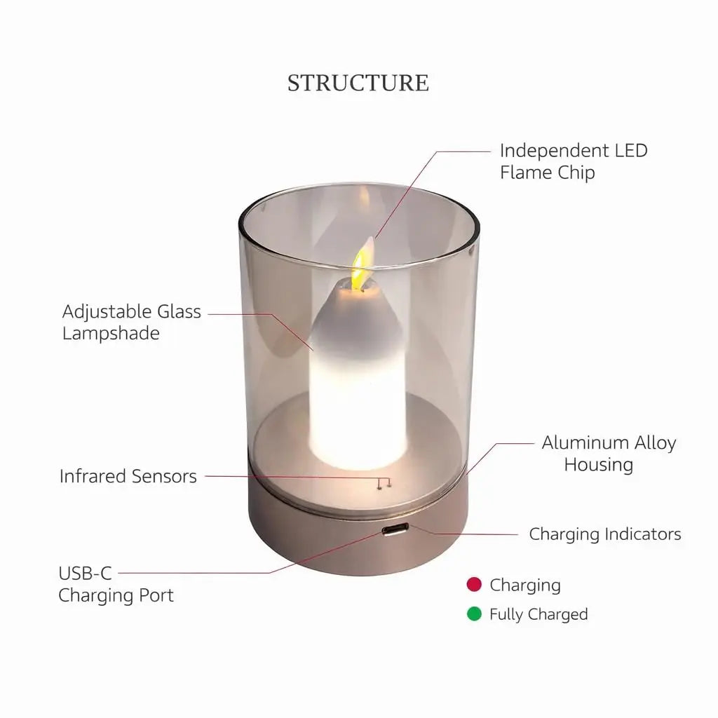 lampe table led bougie verre transparent moderne recharge usb