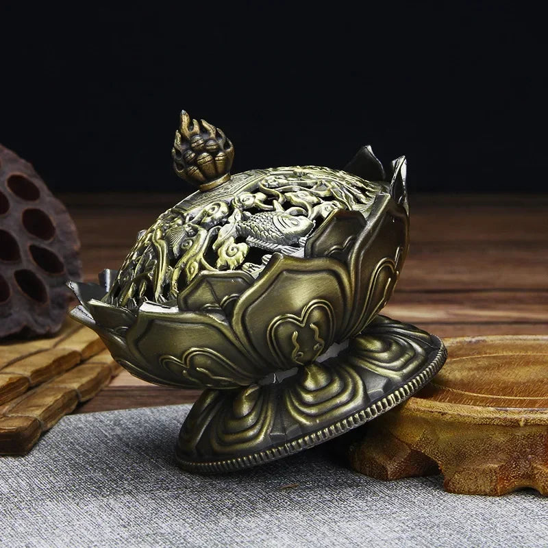 bougeoir encens or bronze floral artisanal traditionnel lotus animaux cônes