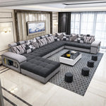 canapé d'angle forme cuir véritable coussins abstraits moderne salon gris noir beige
