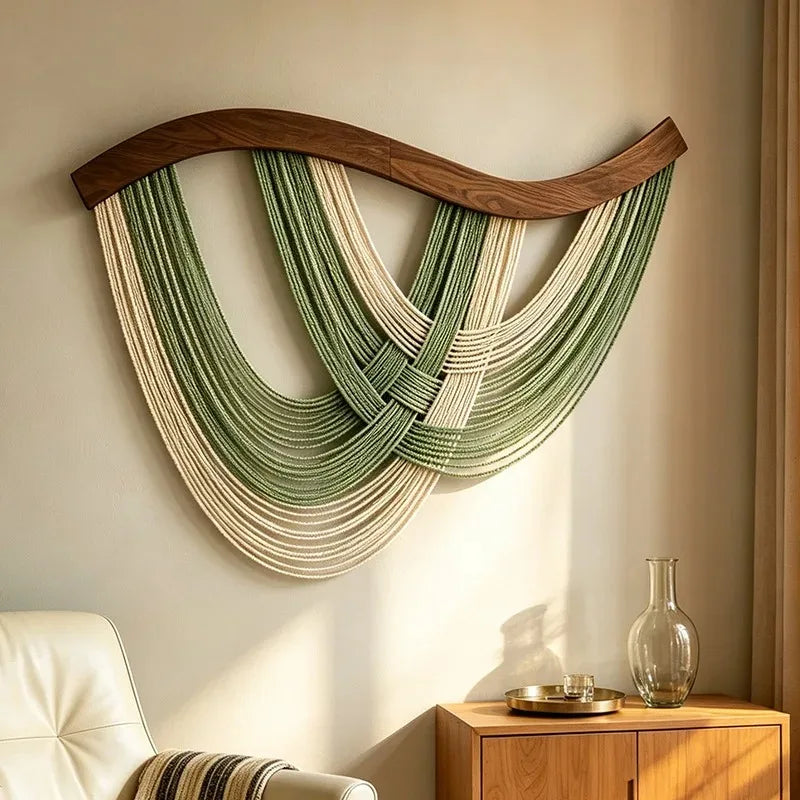 tapisserie murale décorative tissée main motifs géométriques blanc gris beige orange vert moderne 80x60cm