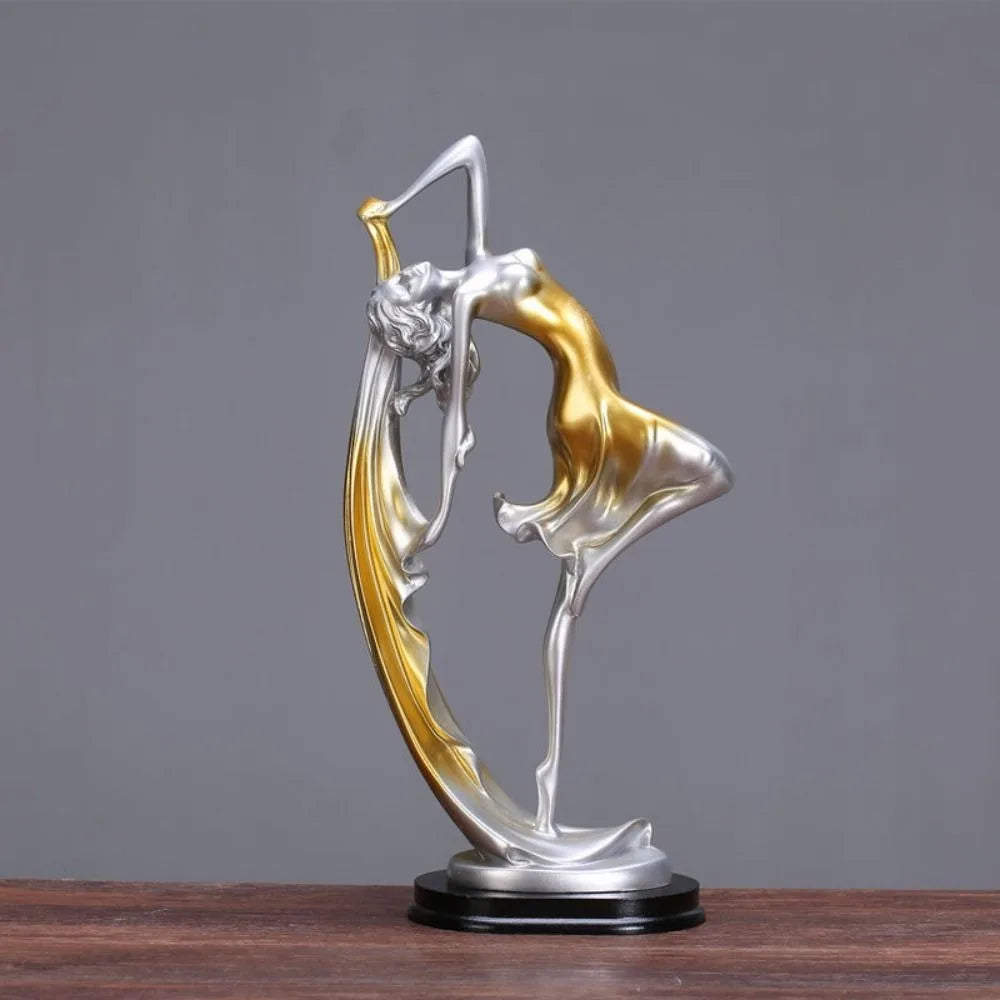statue moderne femme mouvement argenté doré bleu lisse brillante base noire abstraite