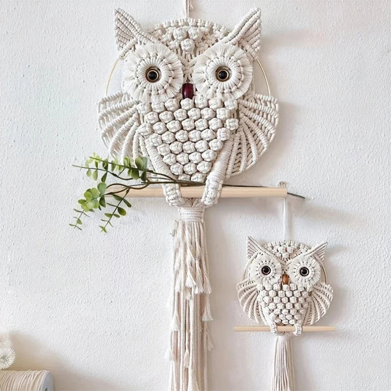 chouettes macramé blanc cassé motifs géométriques boho chic tapisserie murale tresses régulières
