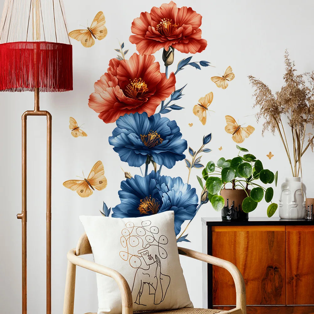 autocollant mural fleurs papillons rouge bleu doré floral résistant l'eau PVC adhésif moderne chambre