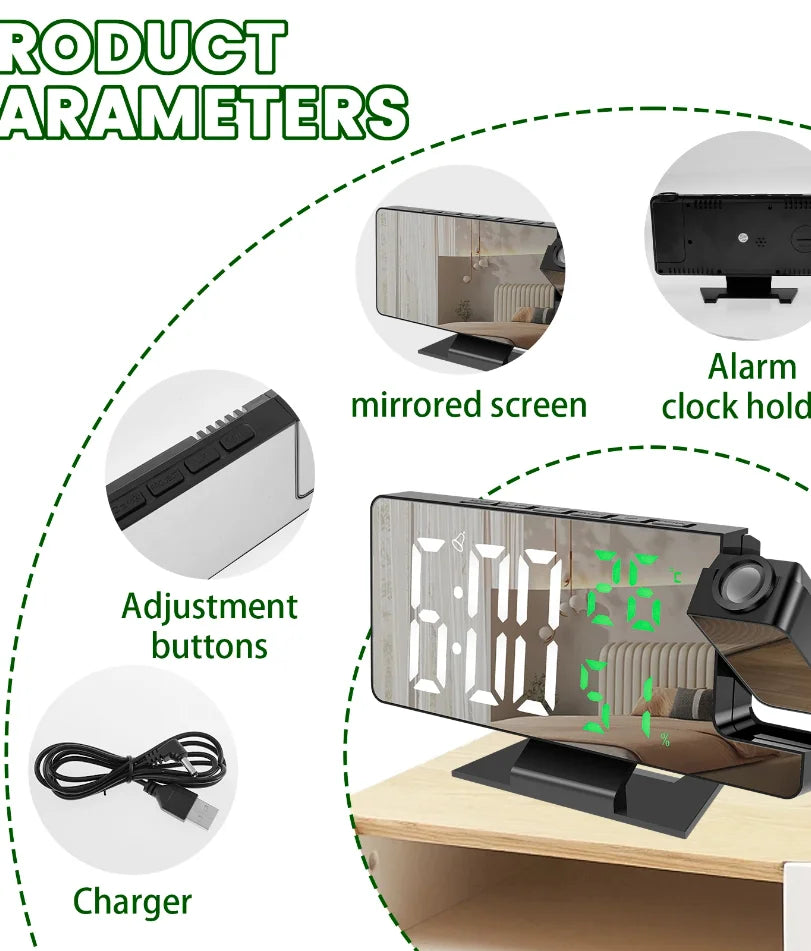 réveil projecteur miroir minimaliste noir blanc écran led vert moderne support table