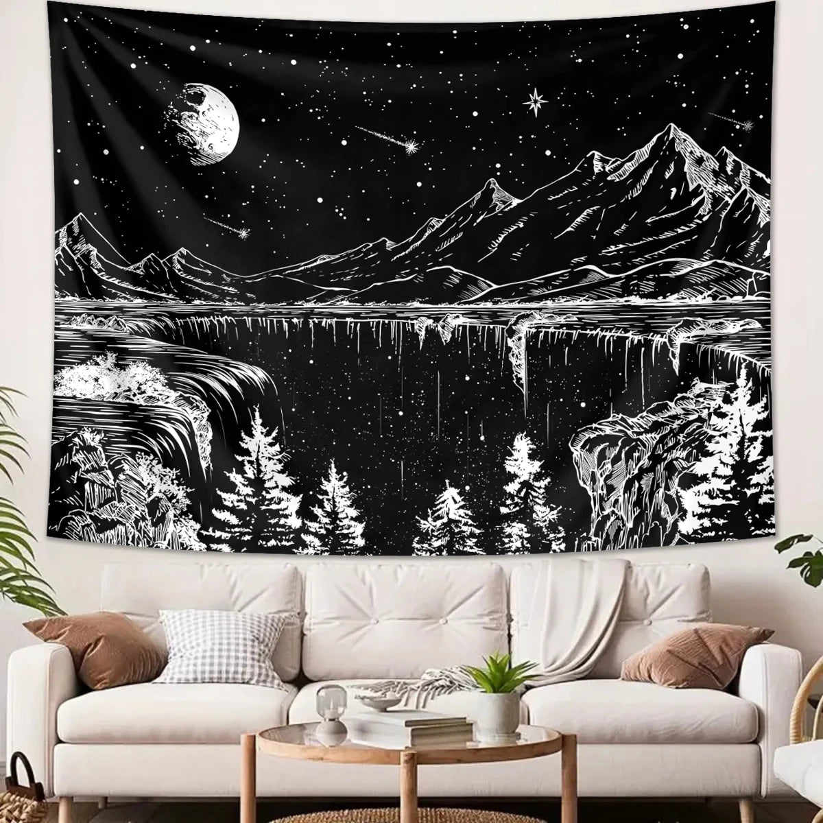 tapisserie moderne paysage nocturne étoiles lune montagnes blanc noir polyester clips chambre coucher graphique