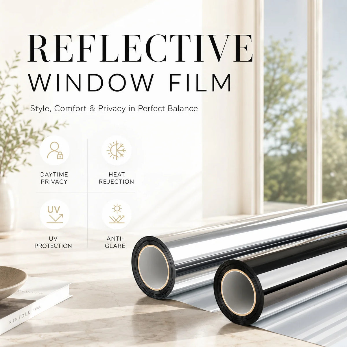film fenêtre réfléchissant argent noir isolation thermique protection uv brillant miroir contemporain 60x300cm 75x300cm