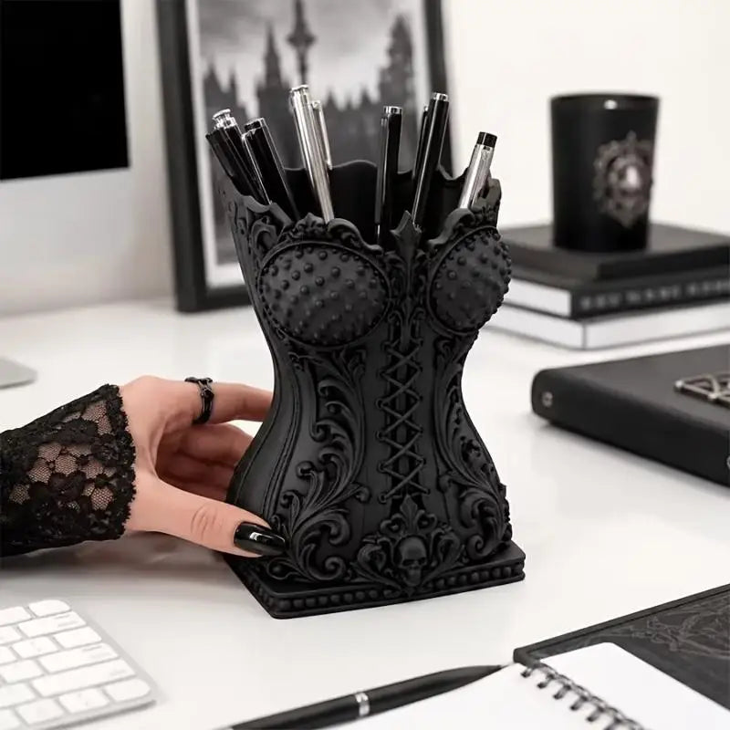 rangement cosmétiques corset gothique noir rose blanc motifs floraux vintage résine