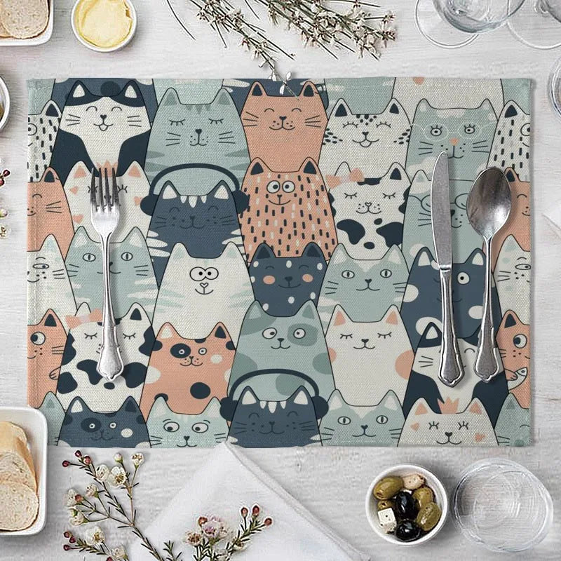 tapis table illustration enfantine dessins animés fourchette couteau cuillère serviette fruits pain bleu marine