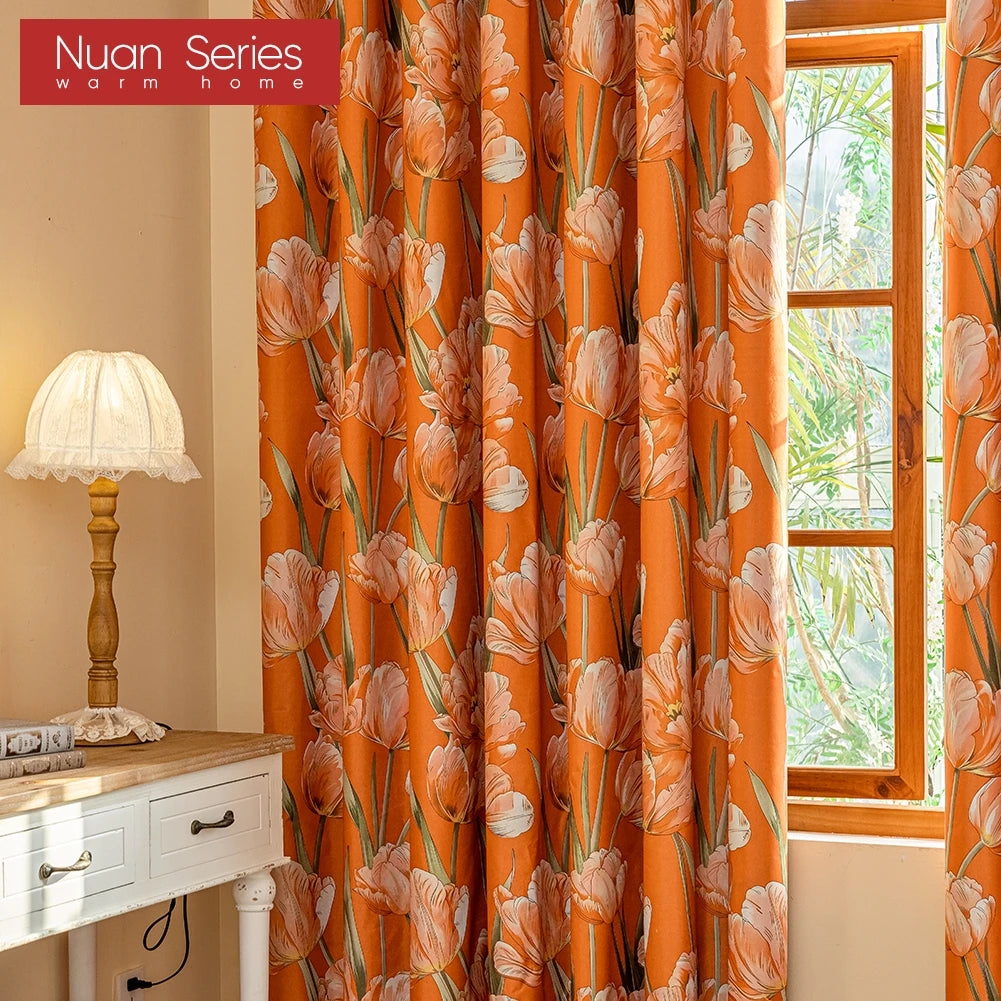 rideaux fleur tulipe orange classique salon polyester moderne floral