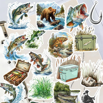 sticker thème pêche poissons ours bateau canne pêche matériel pêche illustrations nature adhésif opaque