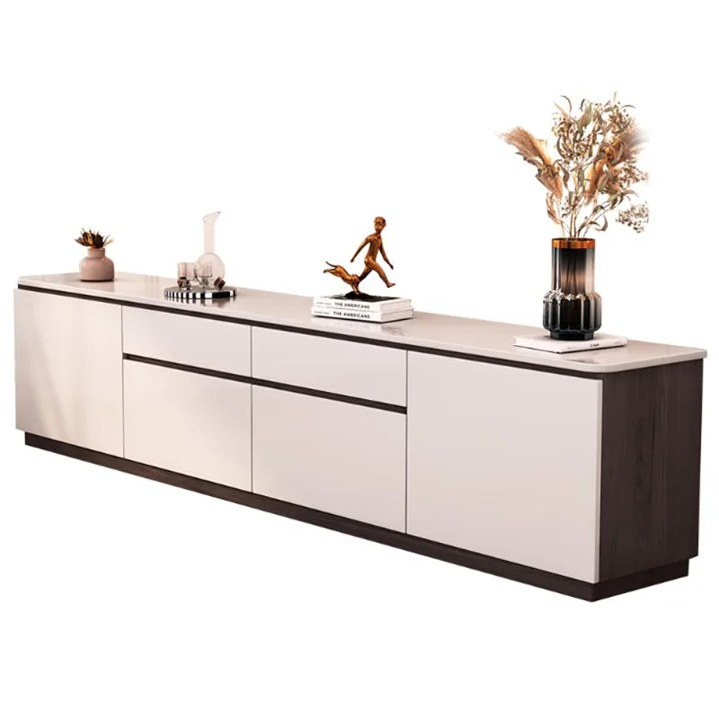 meuble tv moderne blanc gris armoire salon texture bois vase statuette livre verre