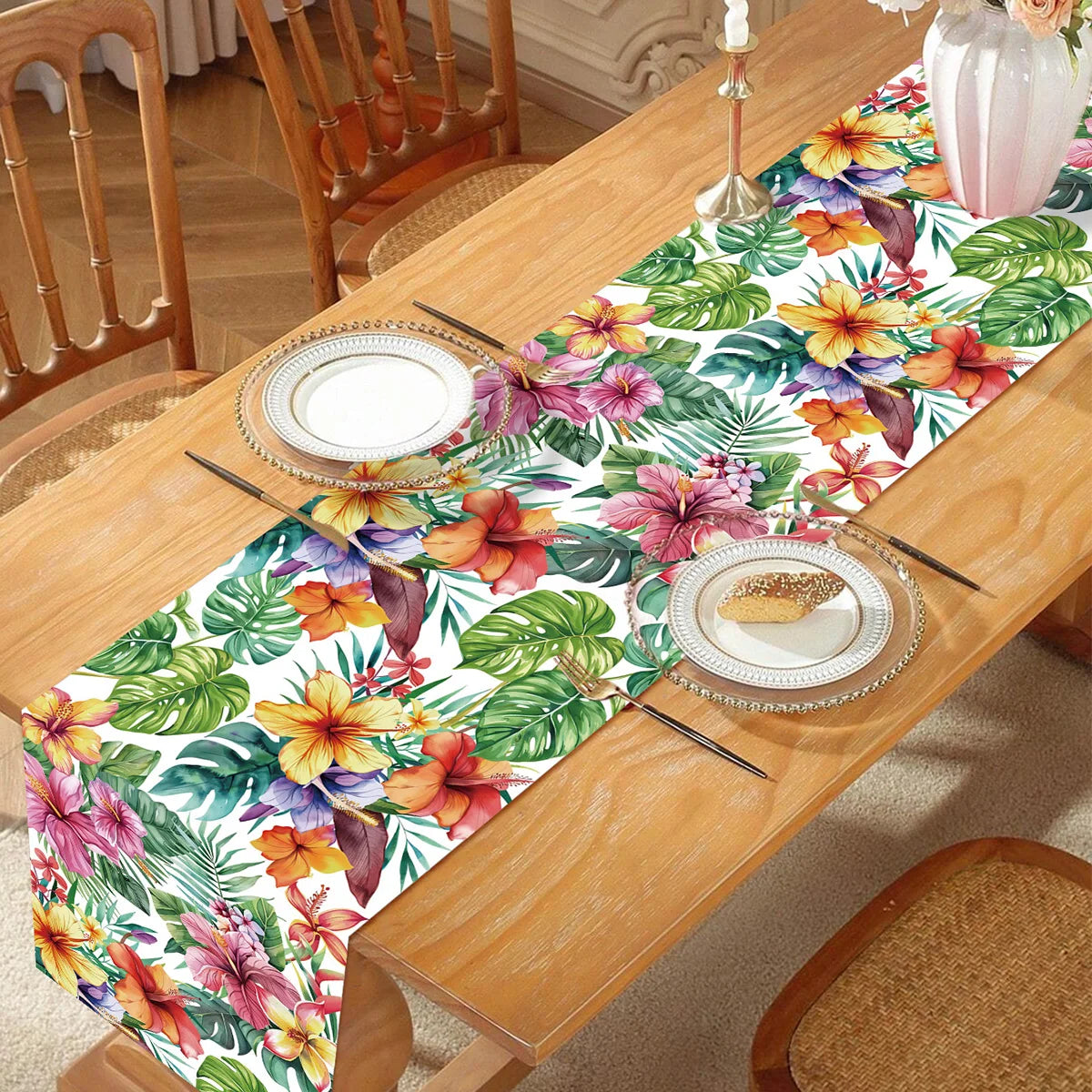 nappe table fête tropicale fleurs feuilles modernes couleurs vives opaque enfants anniversaire