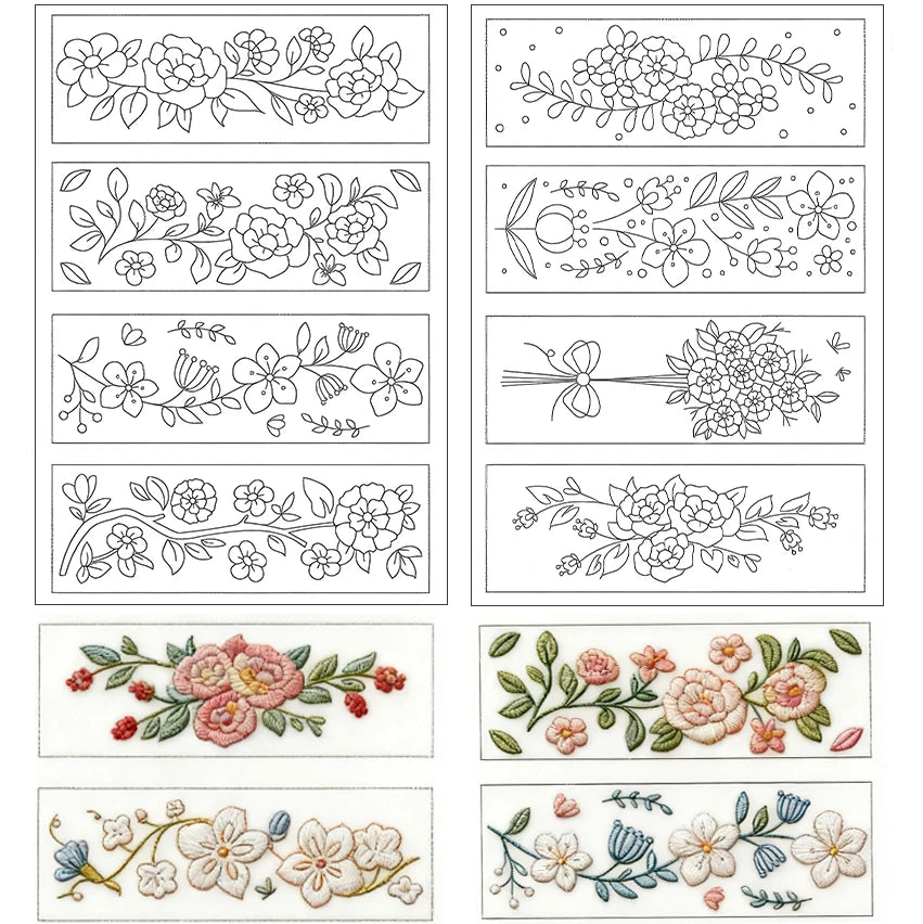 feuilles adhésives broderie motifs floraux fleurs feuilles branches classiques différentes couleurs solubles eau bricolage