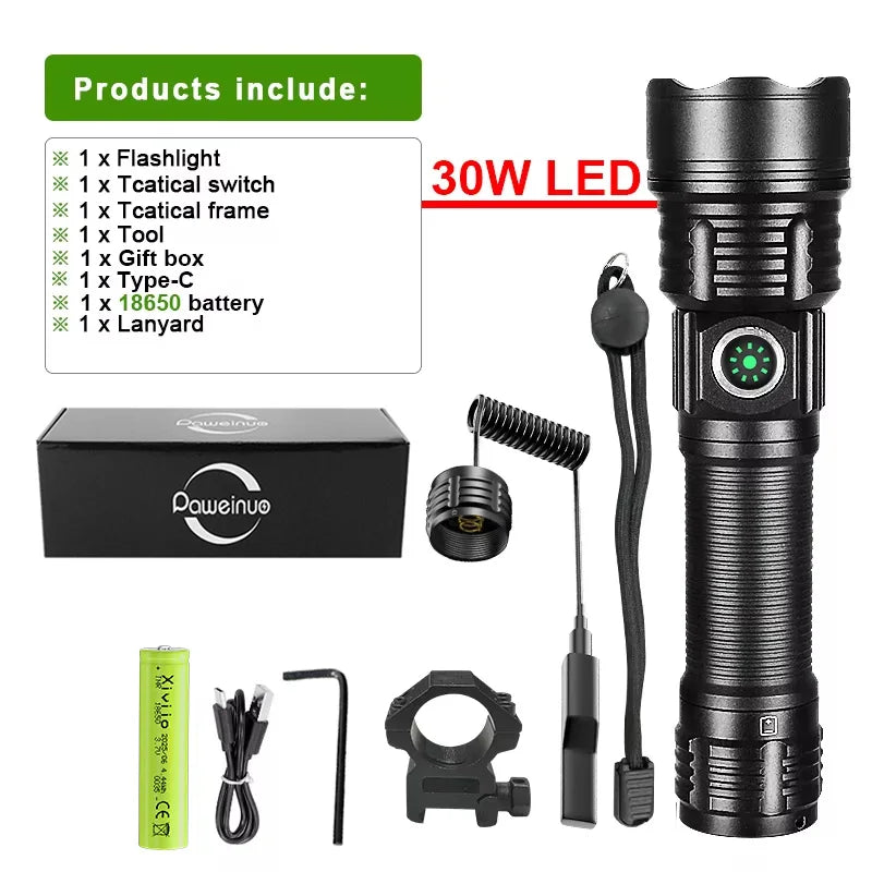 torche led tactique 30w rechargeable lumiere intense résistante autodéfense aluminium noir