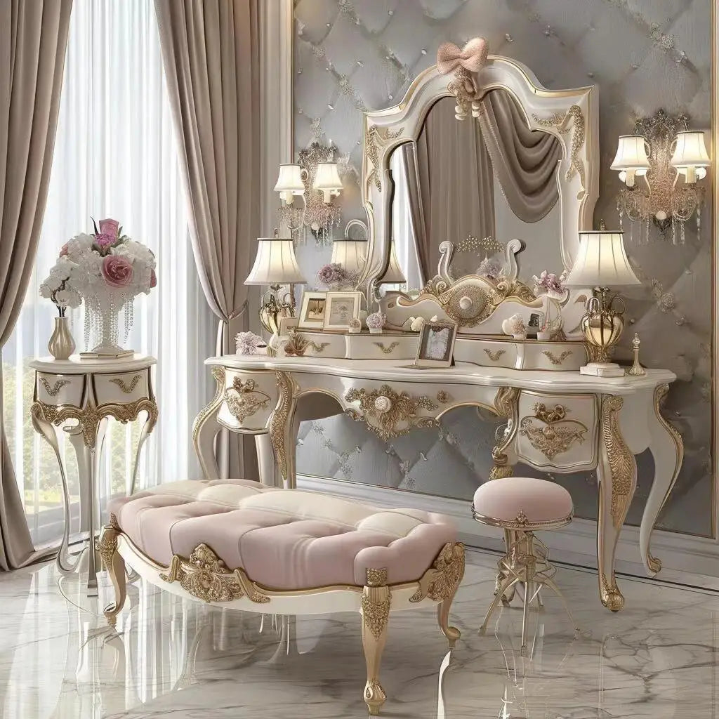 coiffeuse baroque miroir tiroirs éclairés rose poudré blanc crème doré