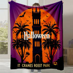 Une scène d'Halloween animée avec un paysage tropical, des silhouettes de palmiers et un château sombre sur un fond orange et violet.