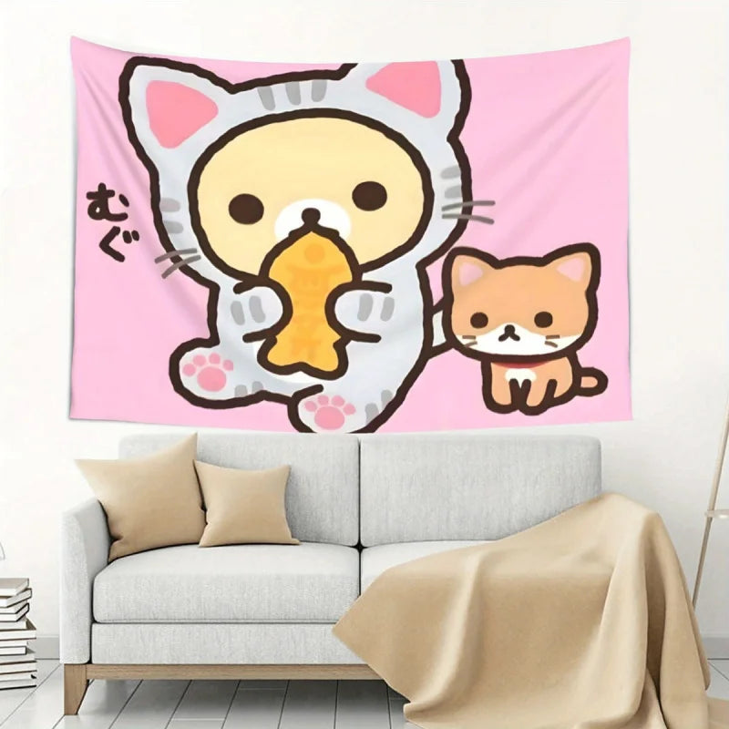 tapisserie murale chat dessin animé moderne rose clair tissu polyestère lavable chambre salon decoration
