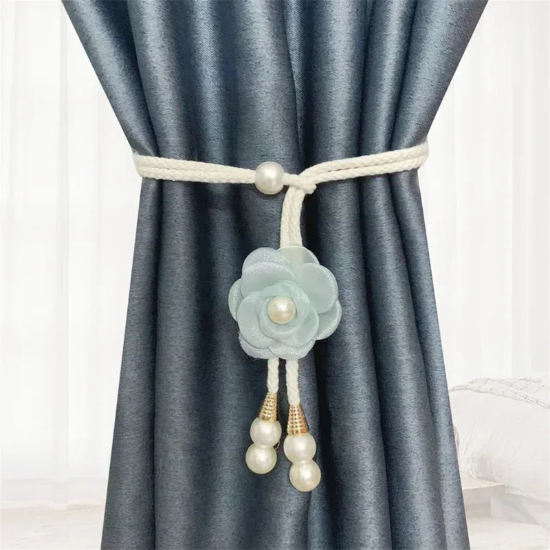rideaux polonais fleurs relief soie nacrées corde tressée élégant accessoires décoratifs pastel doré