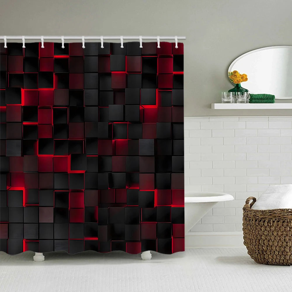 rideau douche géométrique moderne noir rouge tapis bain couvercle toilette 12 crochets
