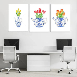 tableaux decoratifs fleurs tulipes theieres moderne bleu blanc