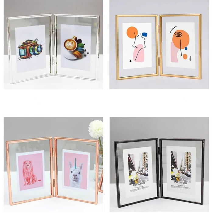 Cadre photo double pliable en verre transparent et métal de style nordique