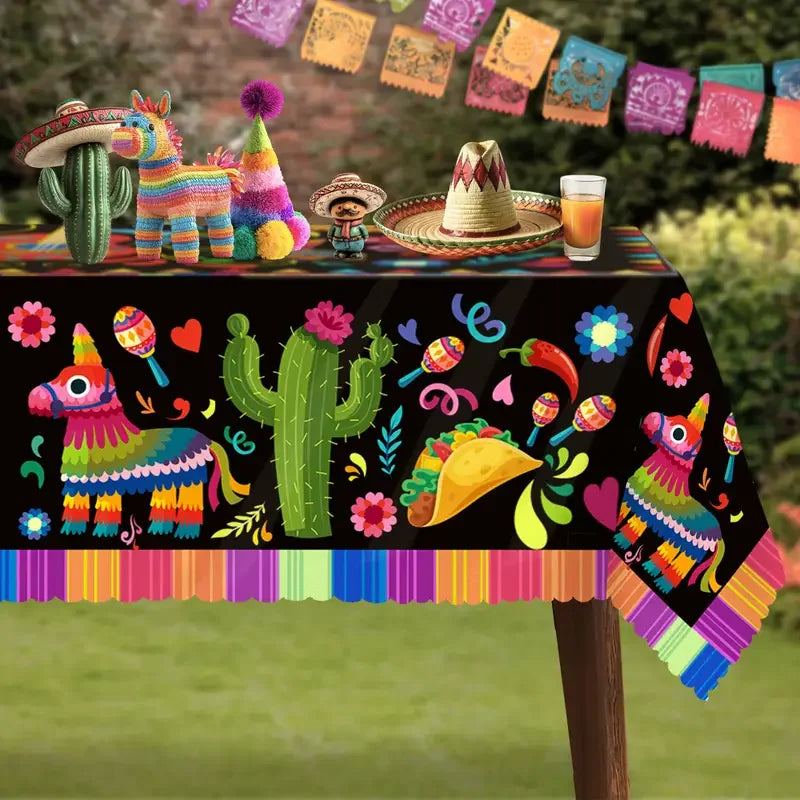 nappe mexicaine folklorique multicolore motif traditionnel cactus fleurs sombrero guitarrette table festive jours morts
