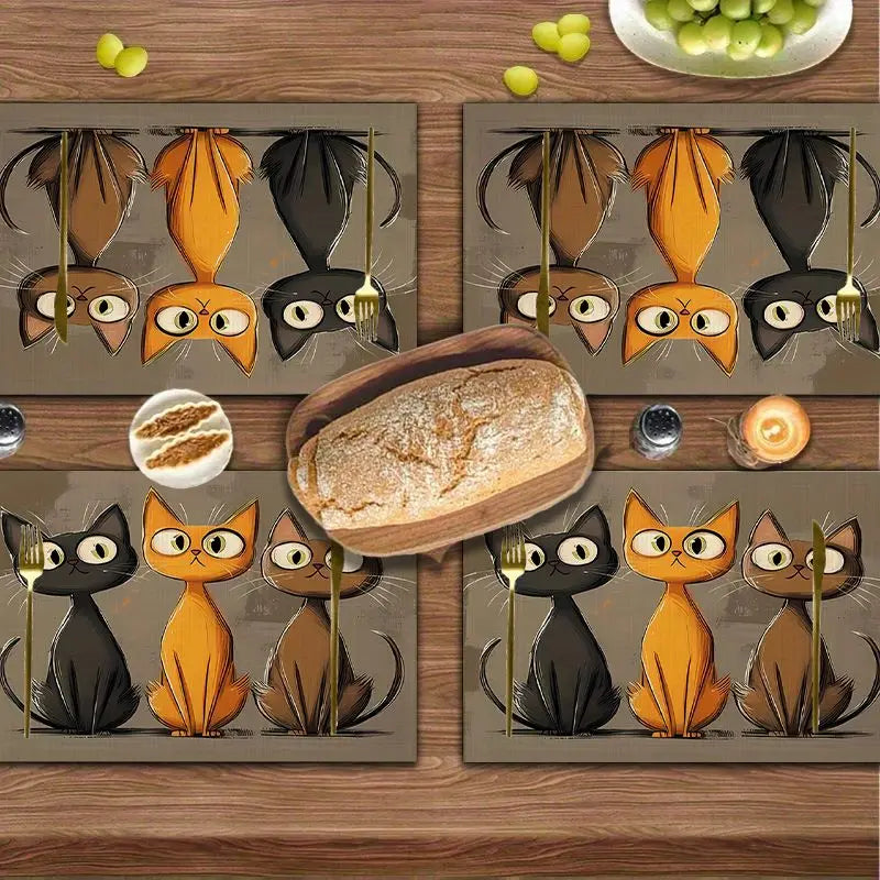 tapis table moderne chats dessin animé noir orange marron fourchettes couteaux assiettes blancs pain