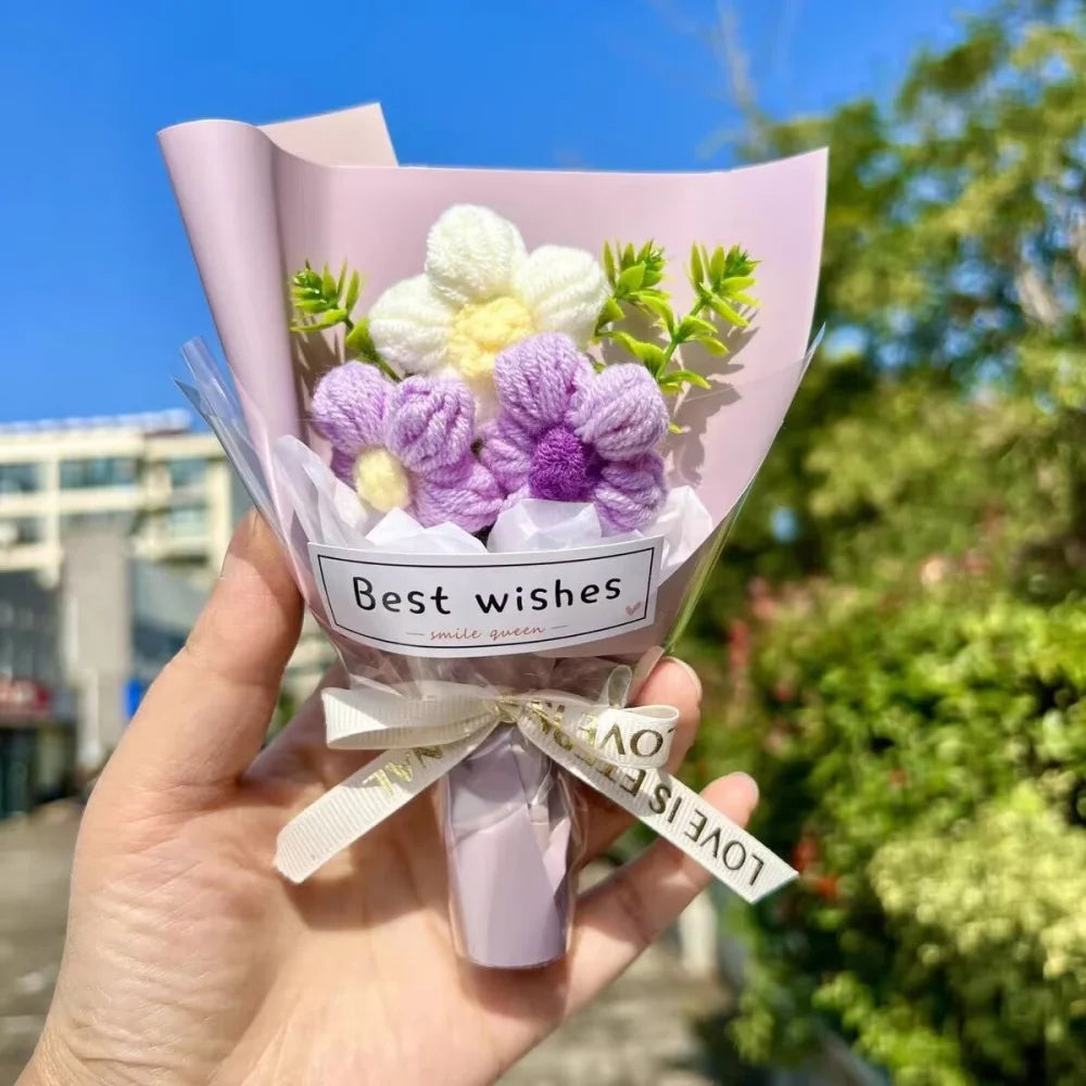bouquet fleurs artificielles tricotées violet rouge bleu vert blanc modernes artisanal intérieur anniversaire pâquesDecorationMaison