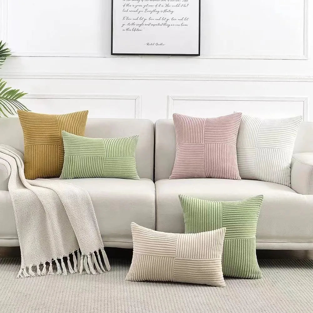 housse coussin polyester rayé moderne beige zip blanc salon decoration