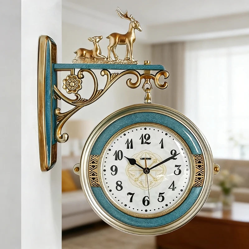 horloge murale double face bleu turquoise or décorative vintage figurines animales chambre salon