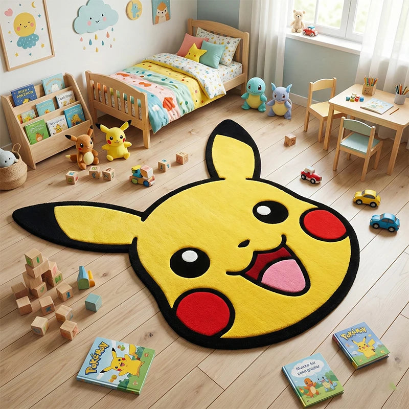 tapis pikachu jaune souriant oreilles noires joues rouges chambre enfant cartoon mignon adhésif polyestère