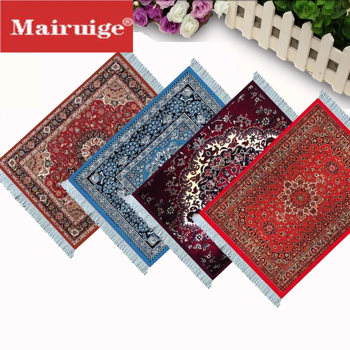 tapis persan franges ornements traditionnels rouge bleu noir beige marron classique sous verre gaming