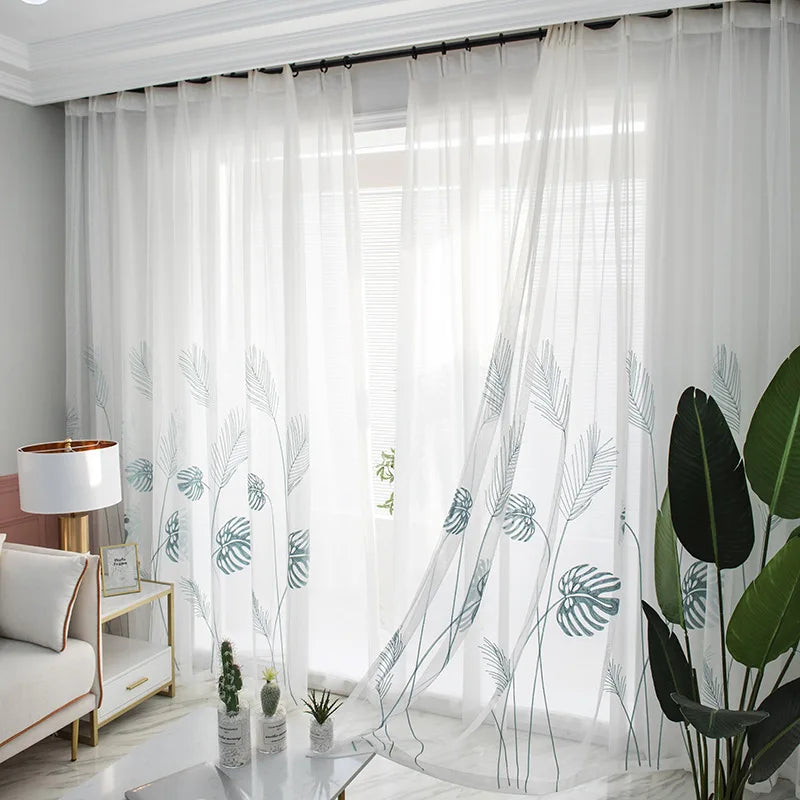 rideau tulle transparent feuilles stylisées moderne blanc vert clair fenêtre français polyester