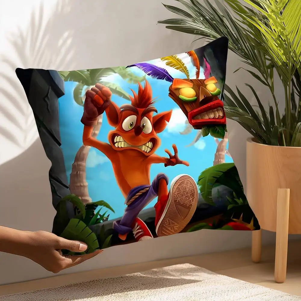 coussin décoratif carré crash bandicoot microfibre peluche cartoon orange bleu chambre salon enfant