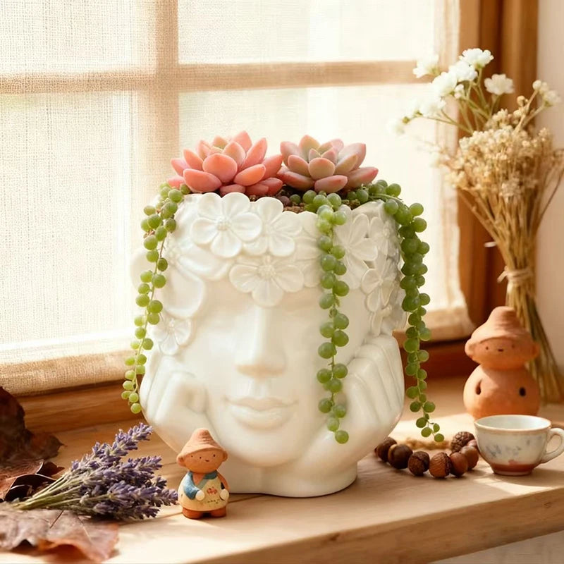 pots fleurs résine forme fille fleurs sculptées succulentes cactus plantes vertes deco bohème vintage