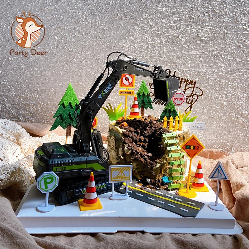 miniature excavatrice noir truck imprimé parties mobiles terrain graviers arbres signalisation sécurité