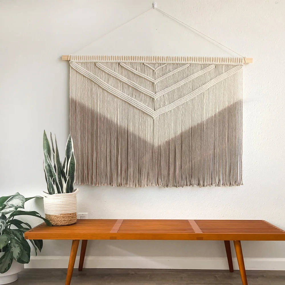 tapisserie macramé motif géométrique franges boho chic beige clair tissage polyester coton fixations